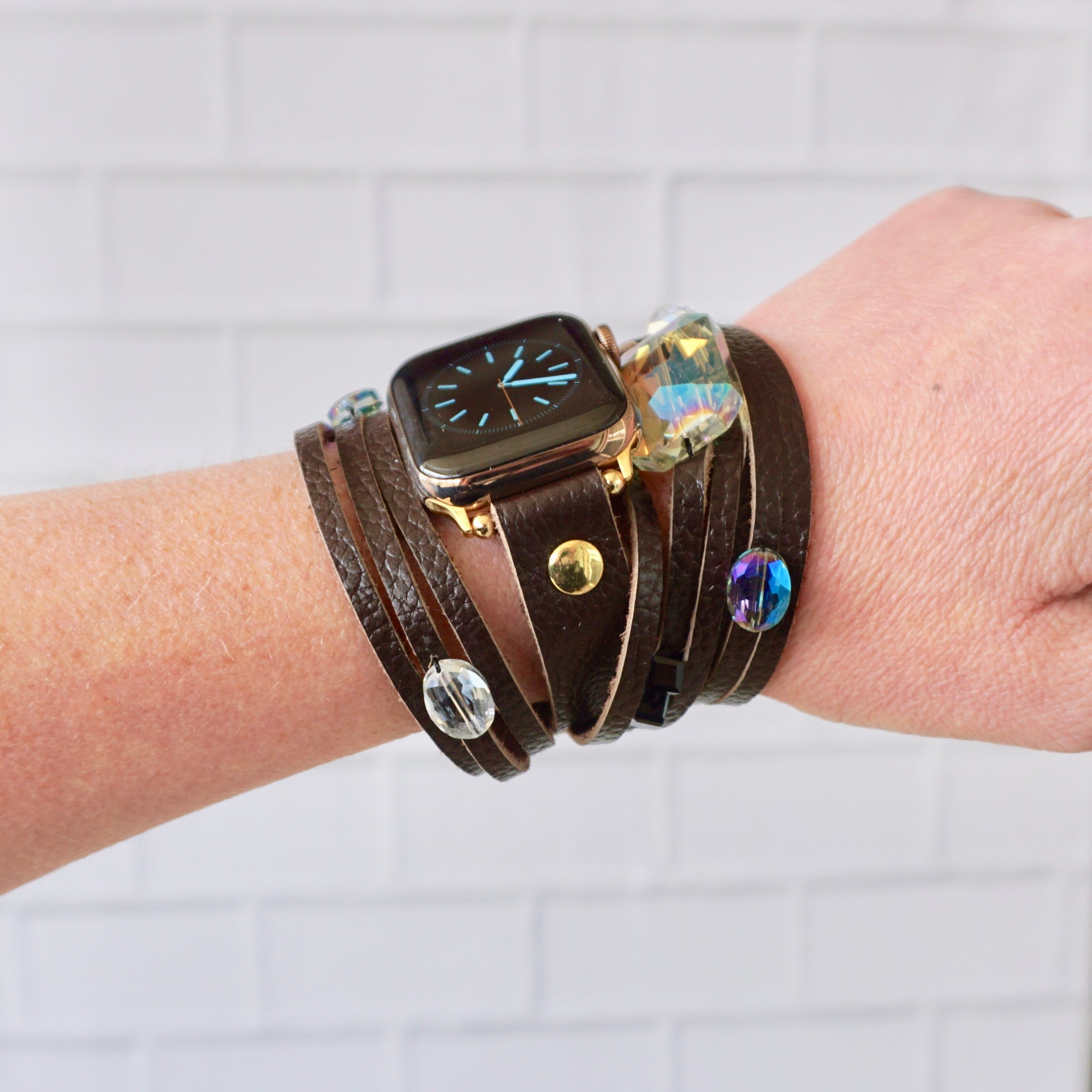 Druzy Stone and Brown Leather Apple Watch Cuff