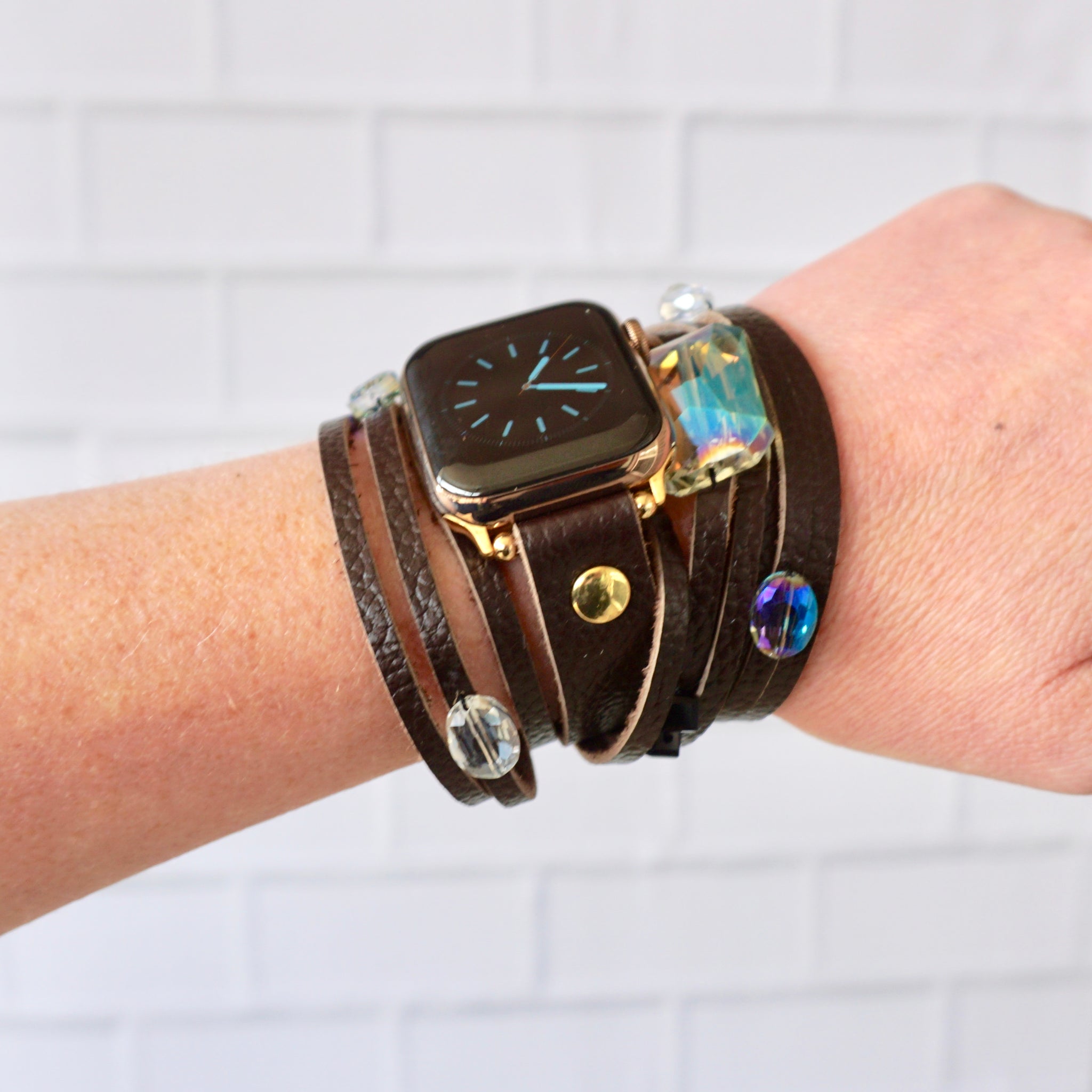 Druzy Stone and Brown Leather Apple Watch Cuff