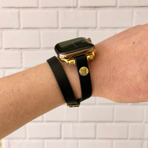 Black Leather Double Wrap Apple Watch Band