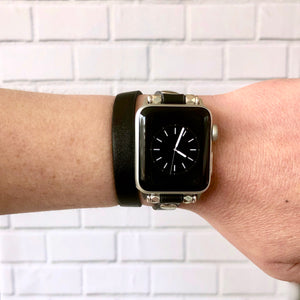 Black Leather Double Wrap Apple Watch Band