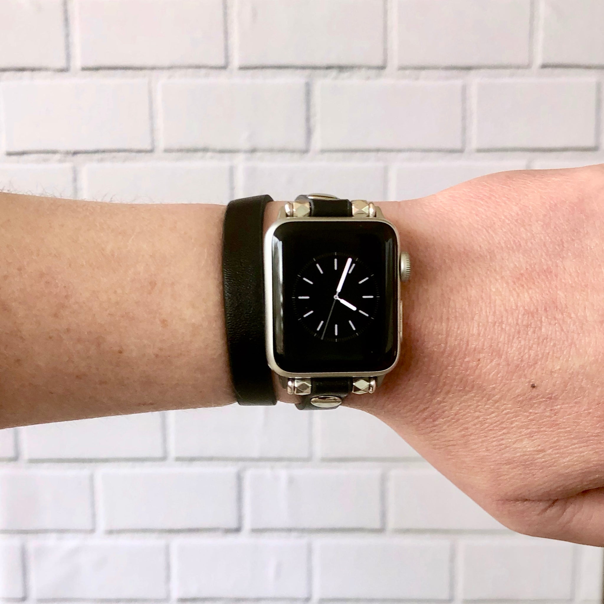 Black Leather Double Wrap Apple Watch Band