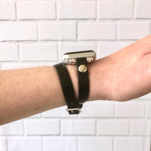 Black Leather Double Wrap Apple Watch Band