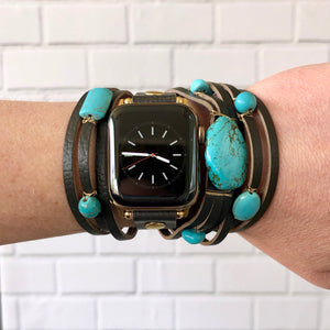 Turquoise and Brown Leather Apple Watch Cuff