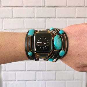 Turquoise and Brown Leather Apple Watch Cuff