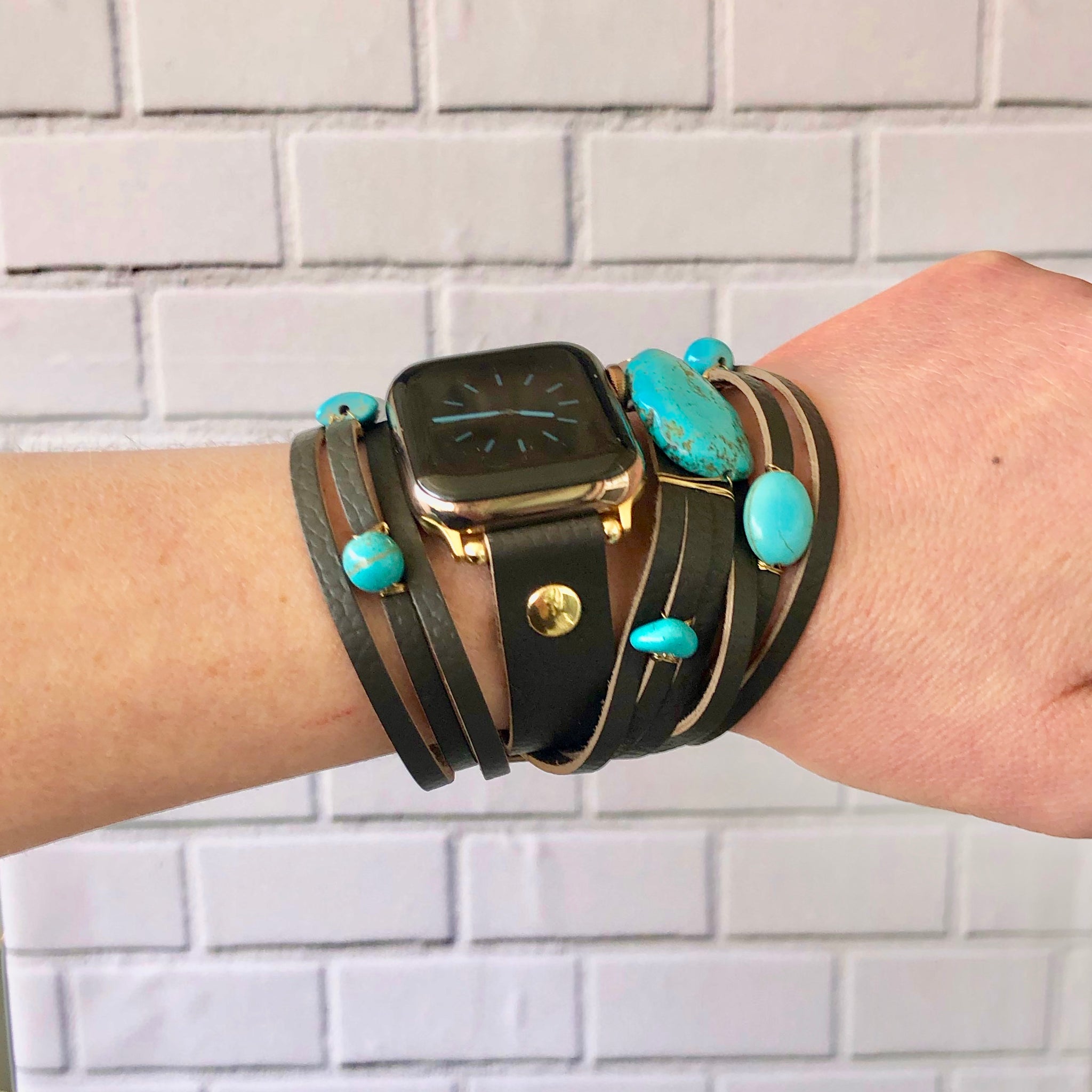 Turquoise and Brown Leather Apple Watch Cuff