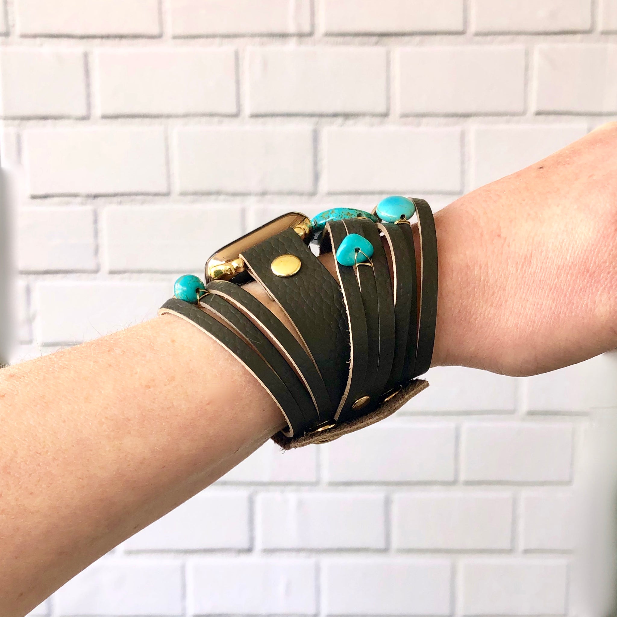 Turquoise and Brown Leather Apple Watch Cuff