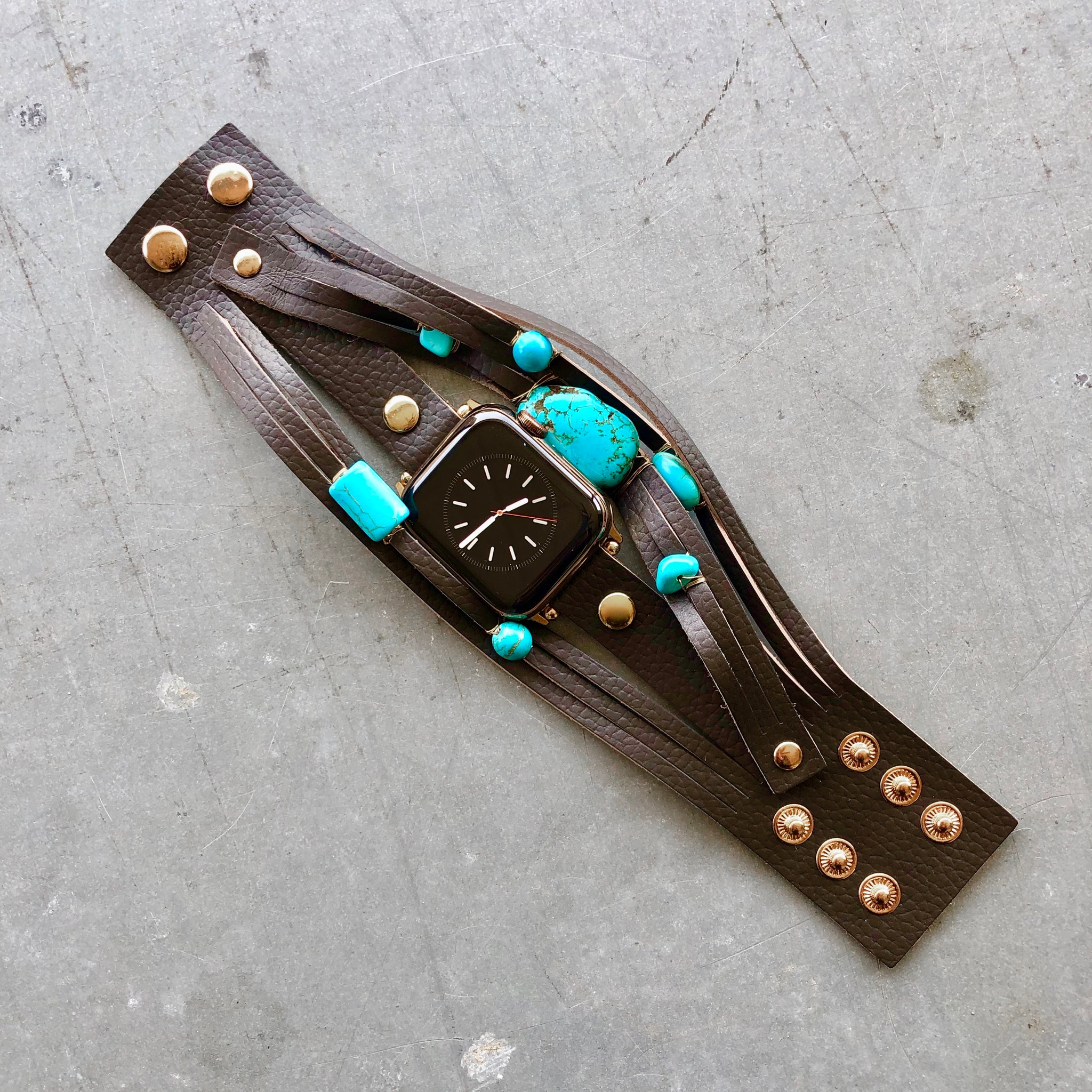 Turquoise and Brown Leather Apple Watch Cuff